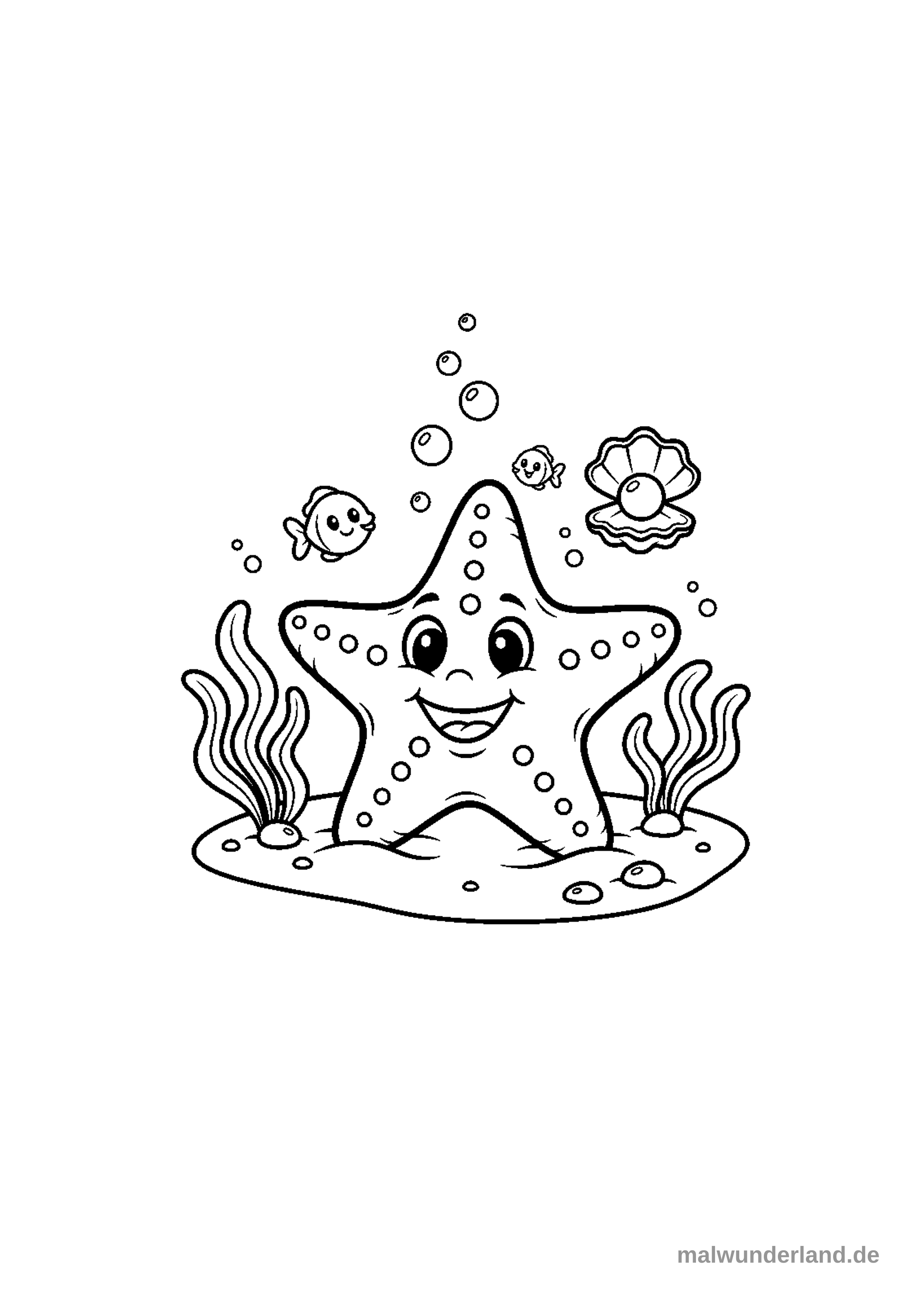 Das Bild zeigt ein Schwarz-Weiß-Ausmalbild eines lächelnden Seesterns mit großen Augen auf dem Meeresboden. Er ist umgeben von zwei kleinen, freundlichen Fischen, zwei Büscheln Seegras, einer geöffneten Muschel mit einer Perle und aufsteigenden Blasen.
