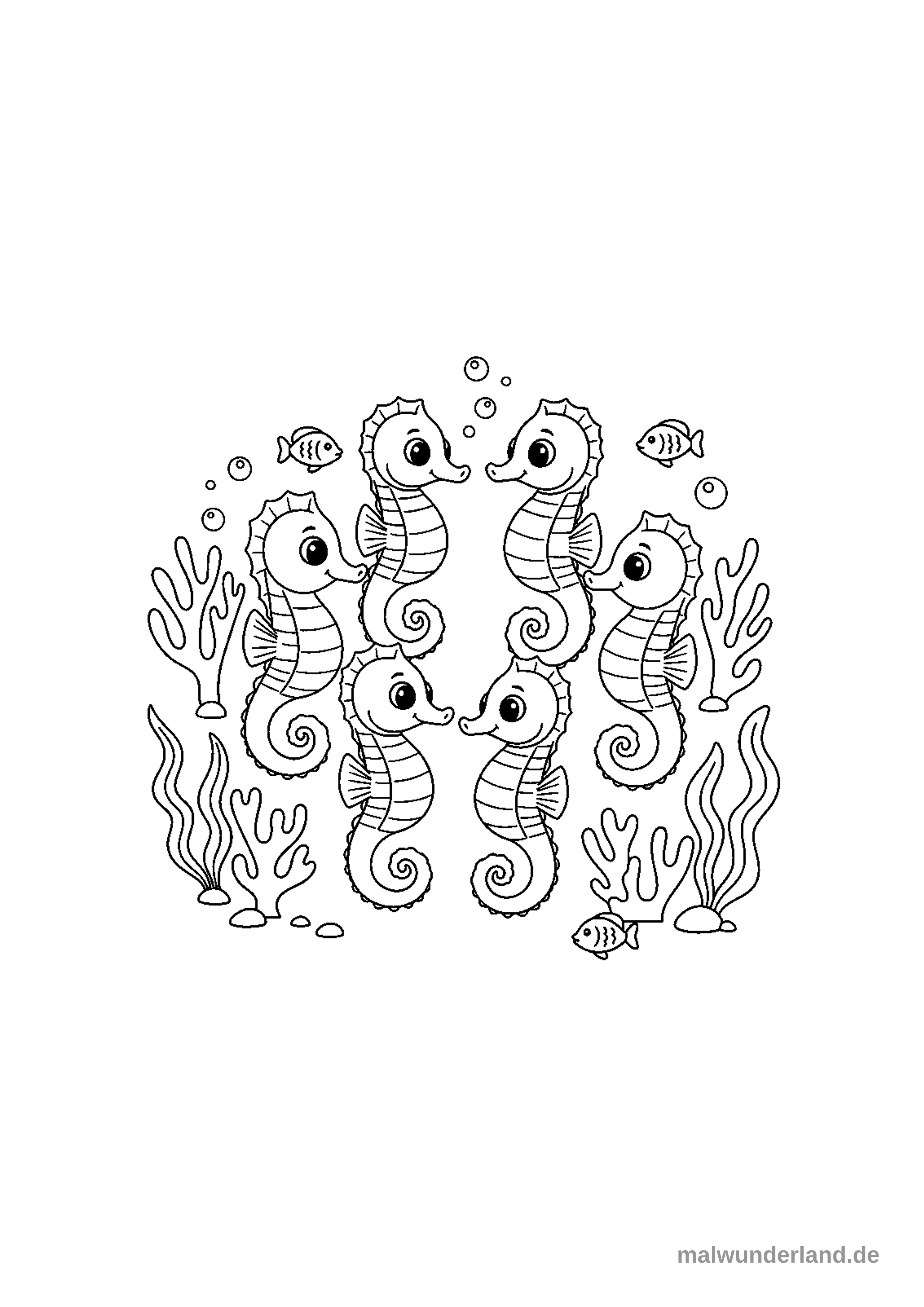 Das Bild zeigt sechs niedliche Seepferdchen, die sich in einem Kreis anordnen und zueinander blicken. Sie sind umgeben von verschiedenen Meerespflanzen, kleinen Fischen und aufsteigenden Luftblasen.