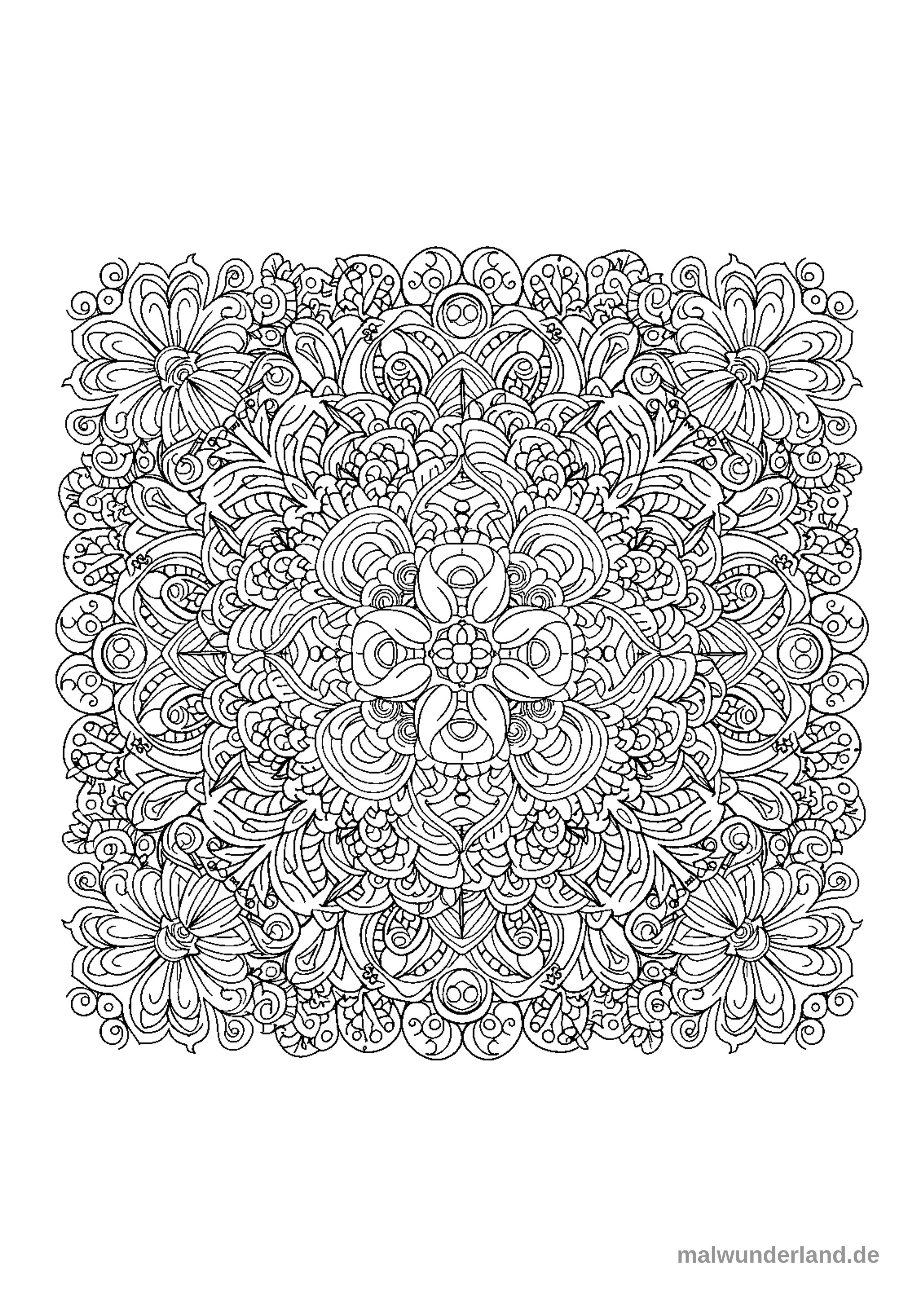 Das Bild zeigt ein komplexes, quadratisches Ausmalbild mit einem symmetrischen, mandala-ähnlichen Muster. Es ist reich an stilisierten floralen Elementen, geschwungenen Ranken und abstrakten organischen Formen, die ein dichtes und detailreiches Design bilden.