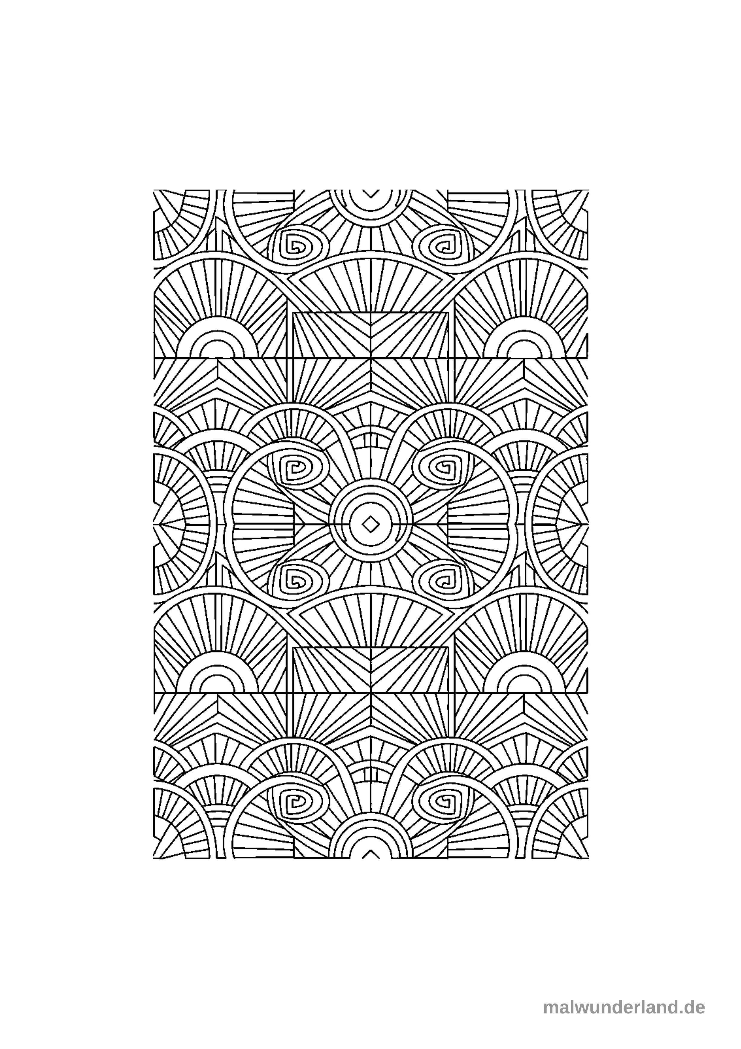 Das Bild zeigt ein dichtes, sich wiederholendes geometrisches Muster im Art-Déco-Stil, bestehend aus fächerförmigen Segmenten, konzentrischen Kreisen, Quadraten und geschwungenen Spiralmotiven. Die einzelnen Elemente sind komplex miteinander verwoben und bilden eine durchgehende, symmetrische Textur.