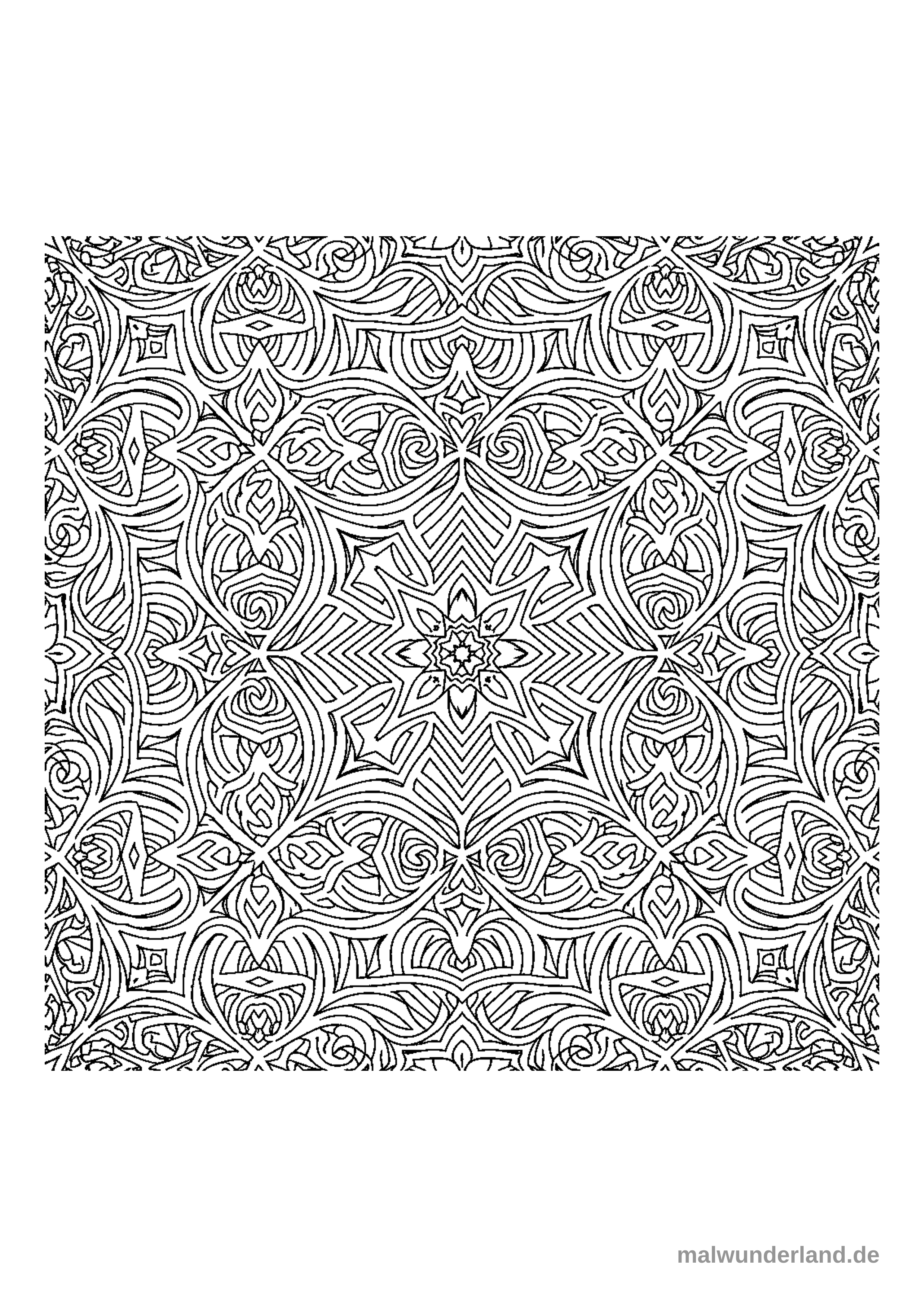 Das Bild zeigt ein sehr detailliertes und komplexes, nahtloses Muster in Schwarz-Weiß. Es besteht aus einer Vielzahl von symmetrisch angeordneten, ineinandergreifenden Linien, Bögen und geometrischen sowie organischen Formen, die ein mandala-ähnliches Design ergeben.