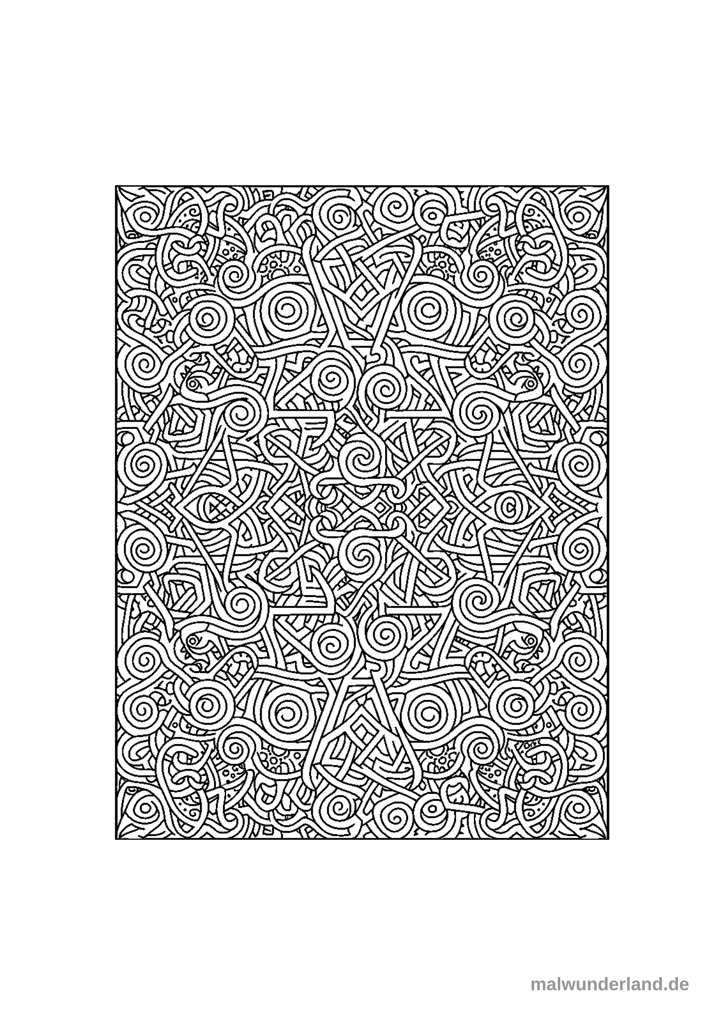 Das Bild zeigt ein komplexes, dichtes Linienmuster aus ineinander verschlungenen, abstrakten Formen, die an keltische Knoten und Spiralen erinnern. Es füllt die gesamte Fläche mit einem dynamischen und detaillierten Design.