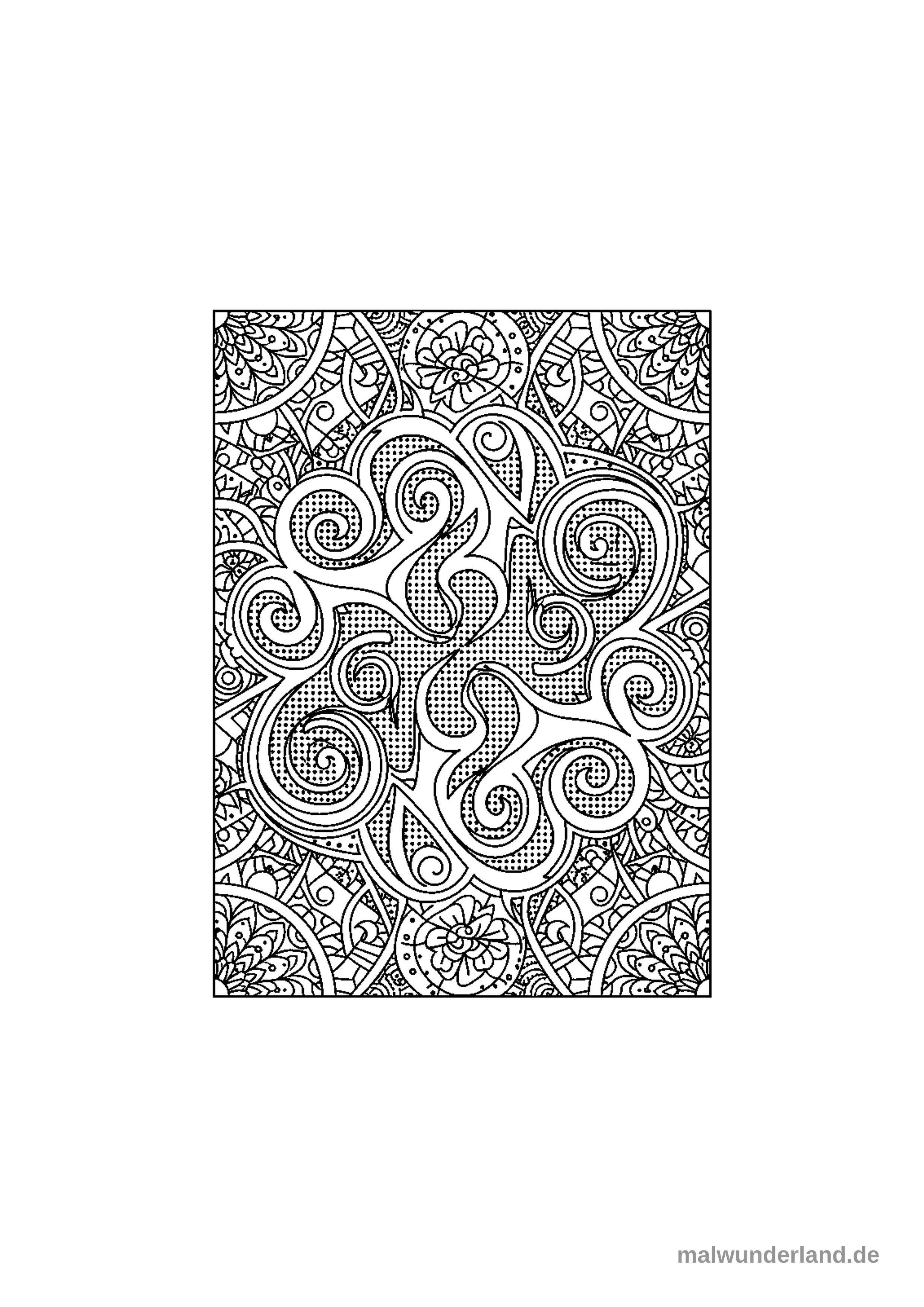 Das Bild zeigt ein komplexes, abstraktes Ausmalbild mit einem zentralen, organischen Wirbelmuster, das teilweise mit einem feinen Punktraster gefüllt ist. Dieses Hauptmotiv ist von einem detailreichen Hintergrund aus mandalaförmigen und floralen Ornamenten umgeben.