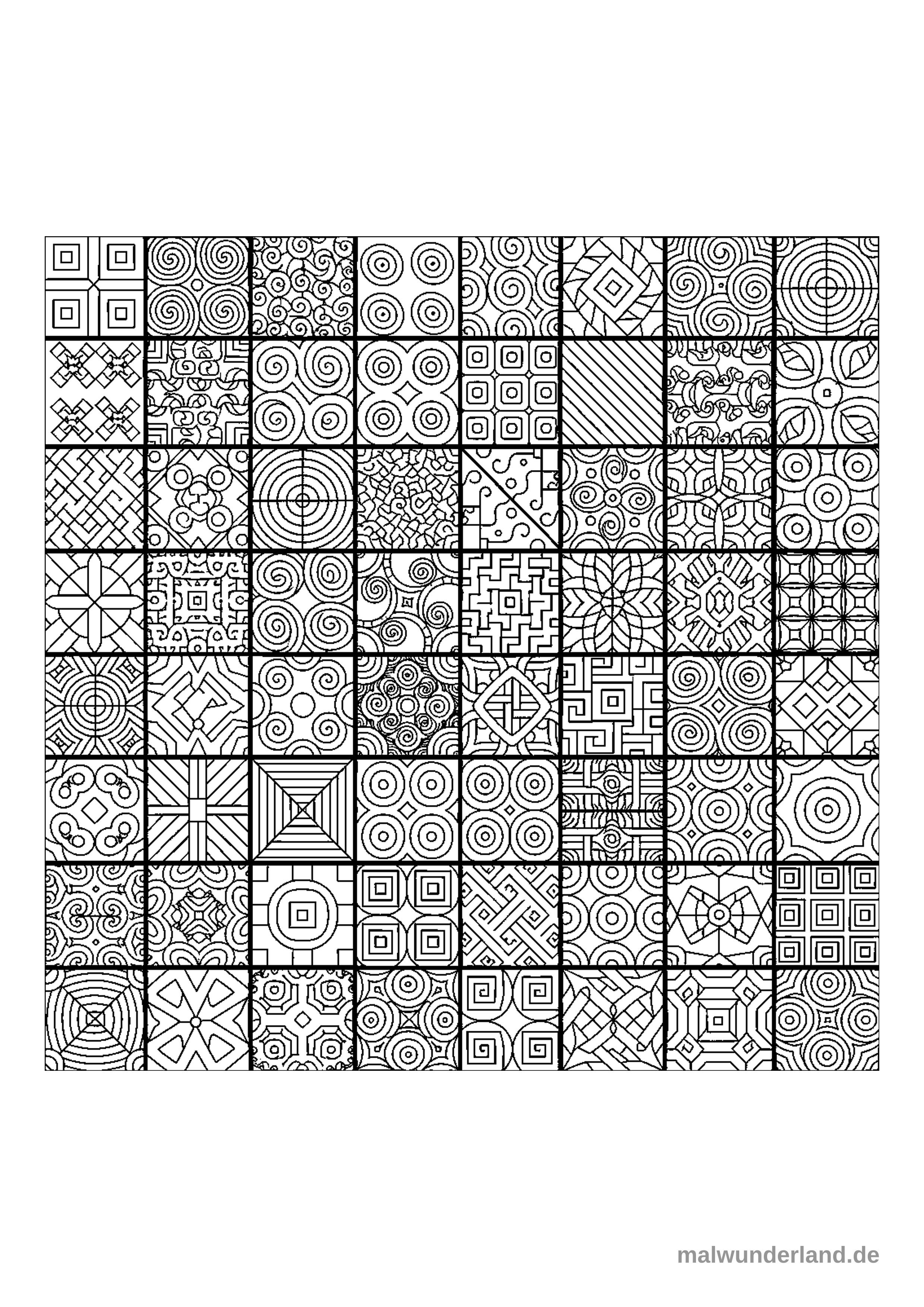 Das Bild zeigt ein großes Raster aus 64 einzelnen quadratischen Feldern. Jedes Feld enthält ein einzigartiges oder abwechslungsreiches abstraktes, filigranes Muster aus schwarzen Linien auf weißem Hintergrund, von geometrischen Formen bis hin zu organischen Schnörkeln und komplexen Verflechtungen.