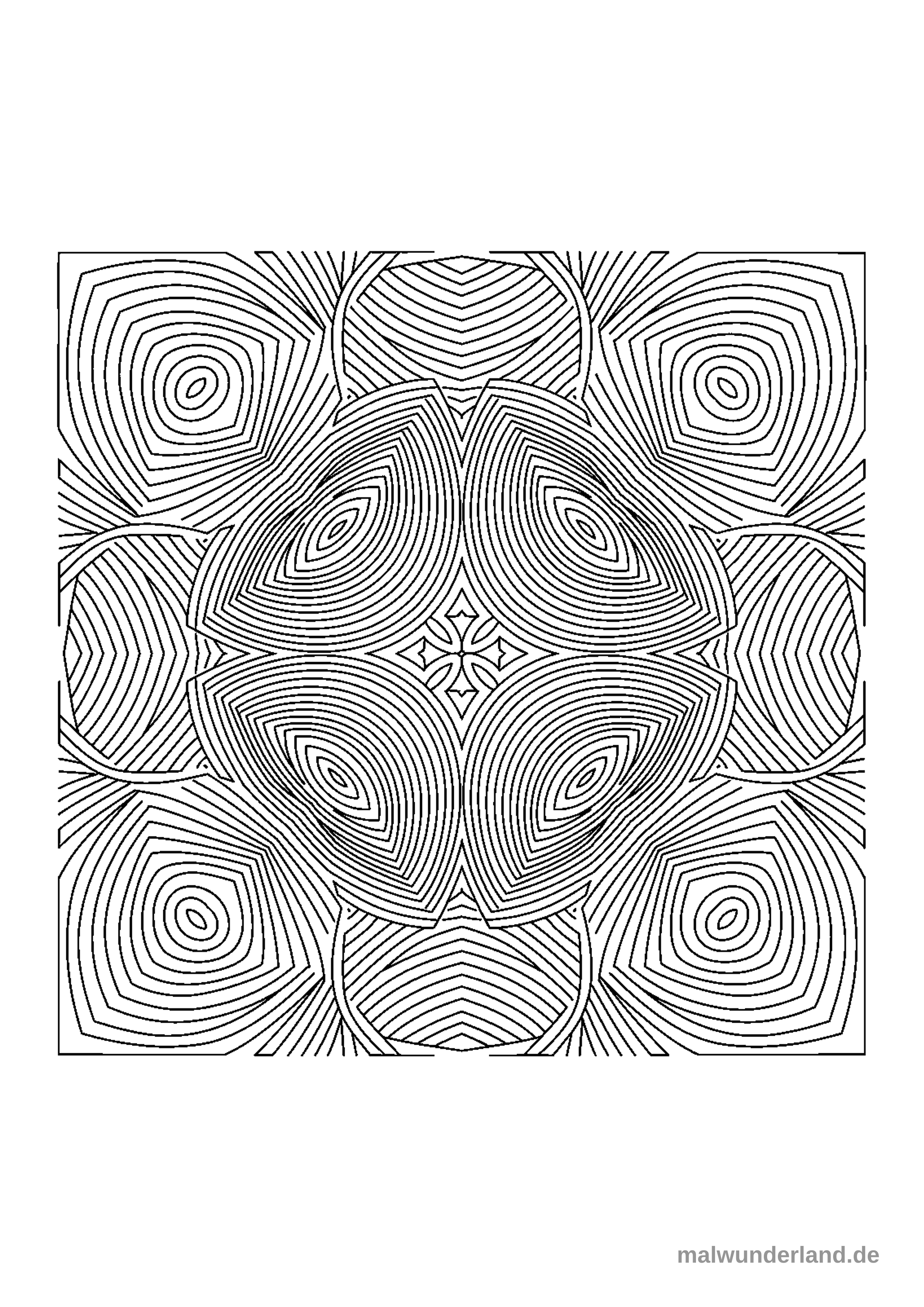 Das Bild zeigt ein komplexes, symmetrisches Liniendesign, das sich in konzentrischen und strahlenförmigen Mustern um ein zentrales, kreuzartiges Element gruppiert. Es erzeugt eine optische Illusion von Tiefe und Bewegung durch die Wiederholung und Überlagerung der feinen schwarzen Linien auf weißem Hintergrund.