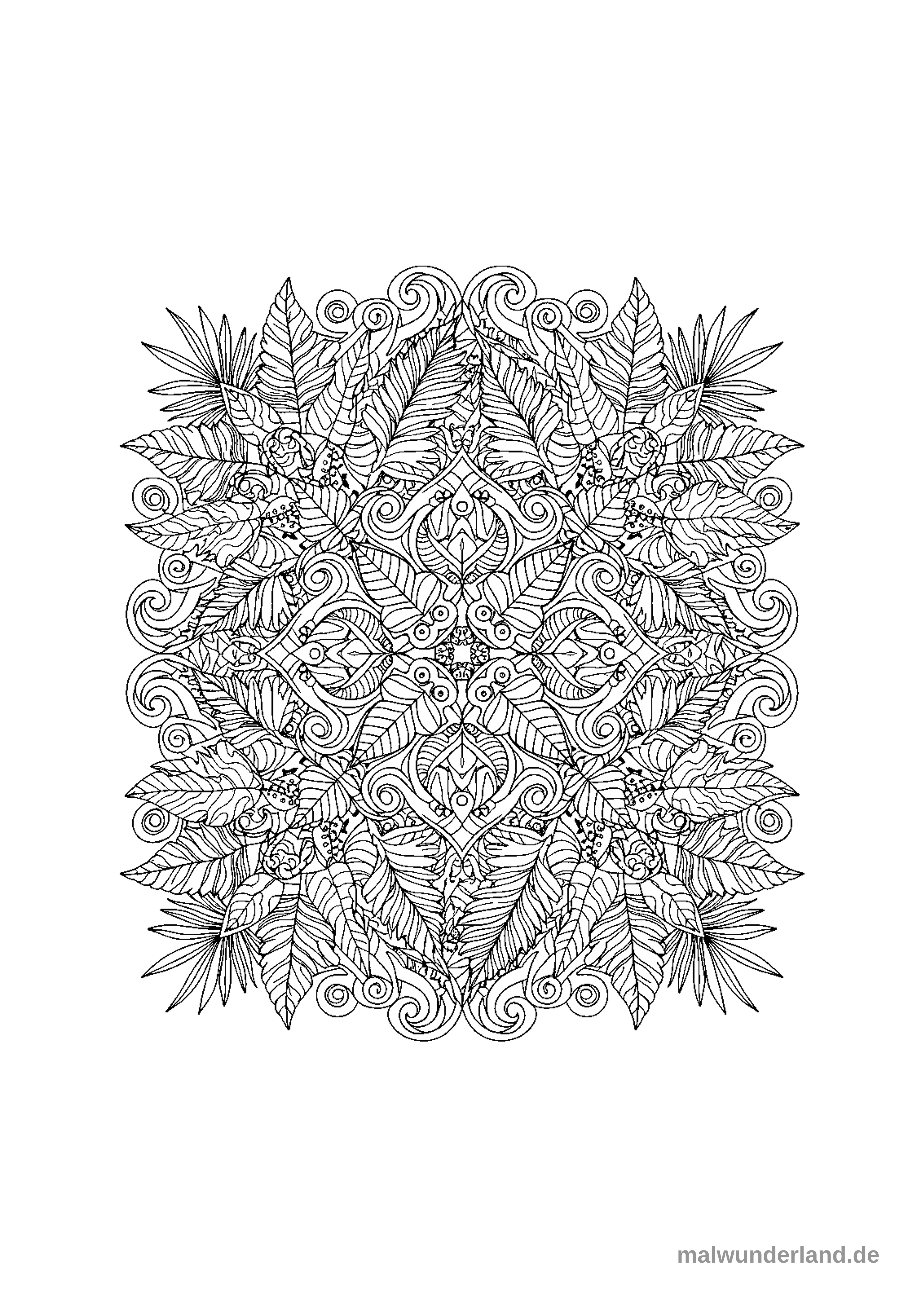 Das Bild zeigt ein dichtes, ornamentales Muster aus verschiedenen Blattformen und floralen Elementen, angeordnet in einer symmetrischen, mandalaförmigen Komposition. Es handelt sich um eine detaillierte Ausmalvorlage mit vielen feinen Linien und organischen Formen.