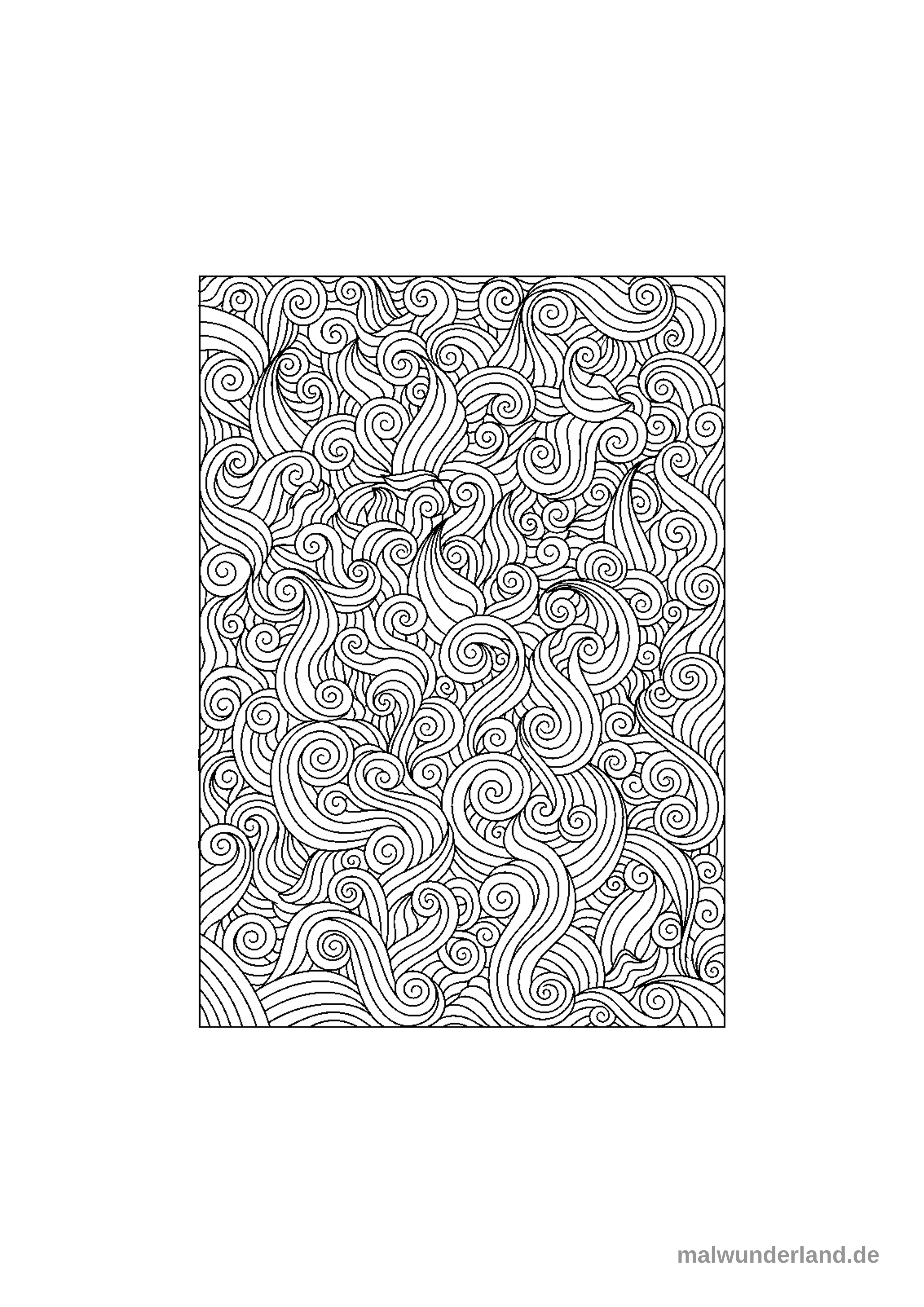 Das Bild zeigt ein dichtes Muster aus fließenden, wellenförmigen und spiralförmigen Linien, die die gesamte Fläche ausfüllen und sich miteinander verflechten. Es erzeugt eine dynamische Textur, die an fließendes Wasser oder gewelltes Haar erinnert.