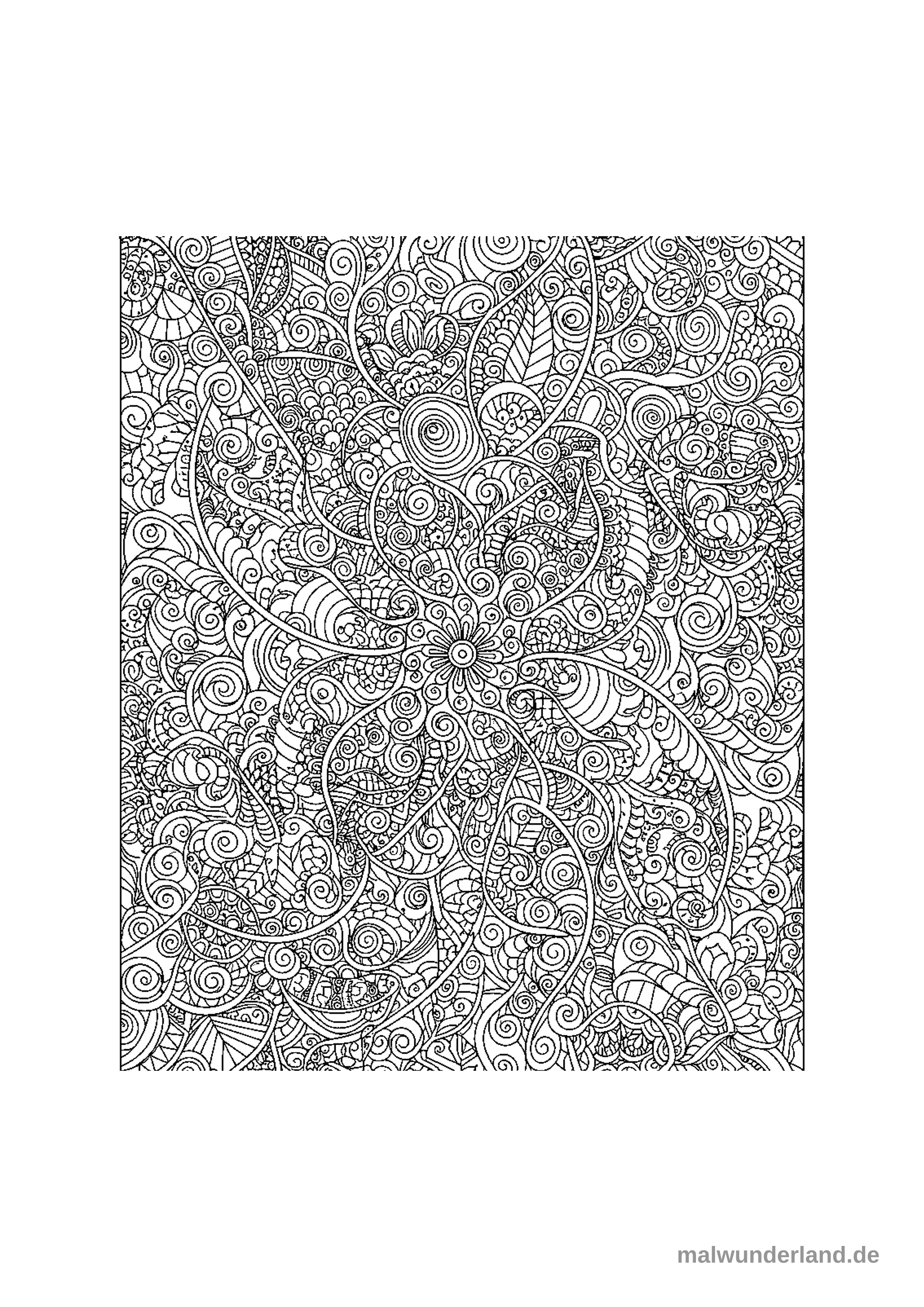 Ein detailreiches, abstraktes Ausmalbild mit einer Vielzahl von wirbelnden Linien, organischen Formen und floralen Elementen. Im Zentrum befindet sich eine blütenähnliche Struktur, umgeben von komplexen Mustern und ineinandergreifenden Schnörkeln.
