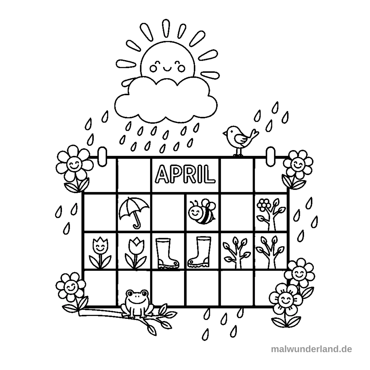 April Kalenderblatt - Kostenloses Ausmalbild zum Ausdrucken