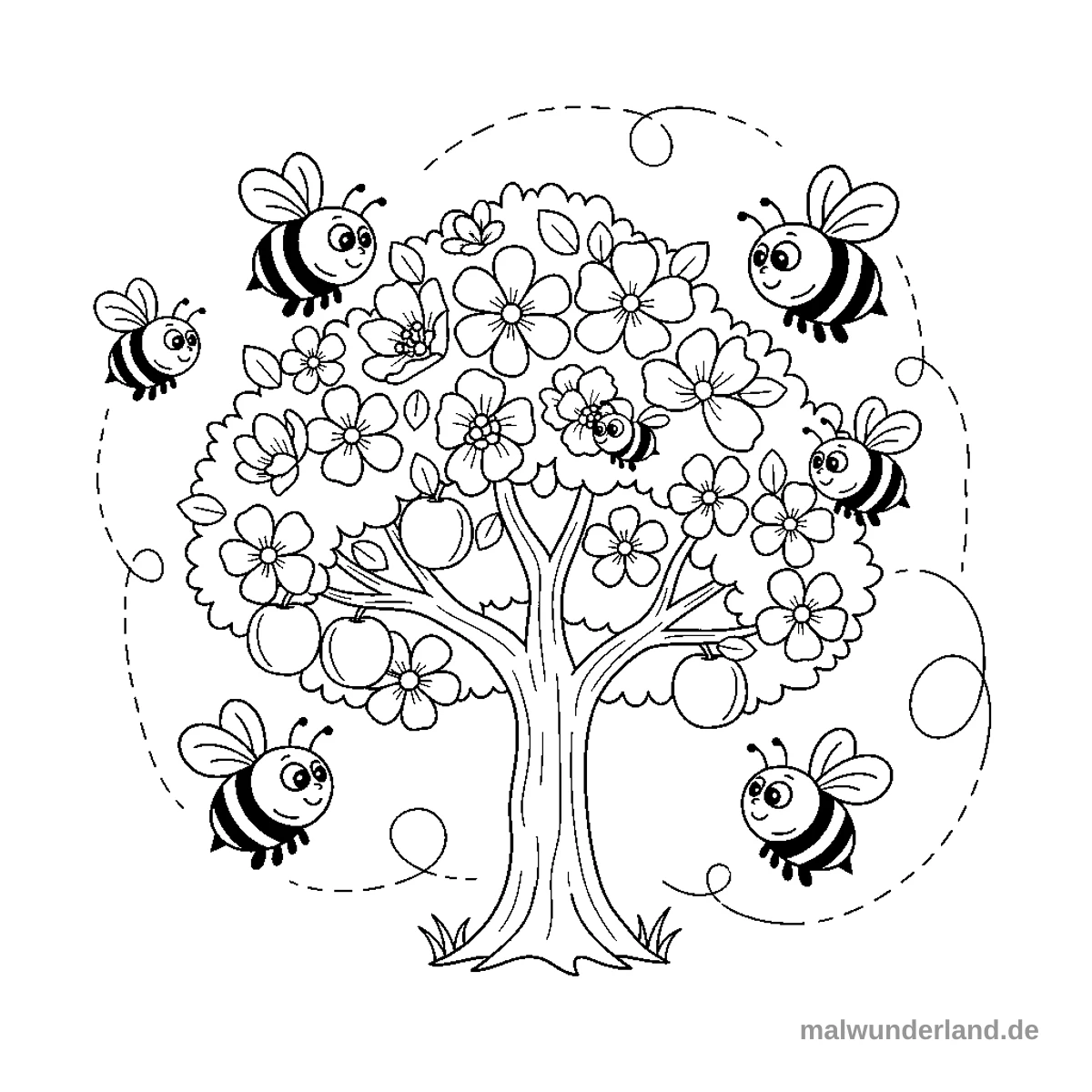 Bienen am Blütenbaum - Kostenloses Ausmalbild zum Ausdrucken