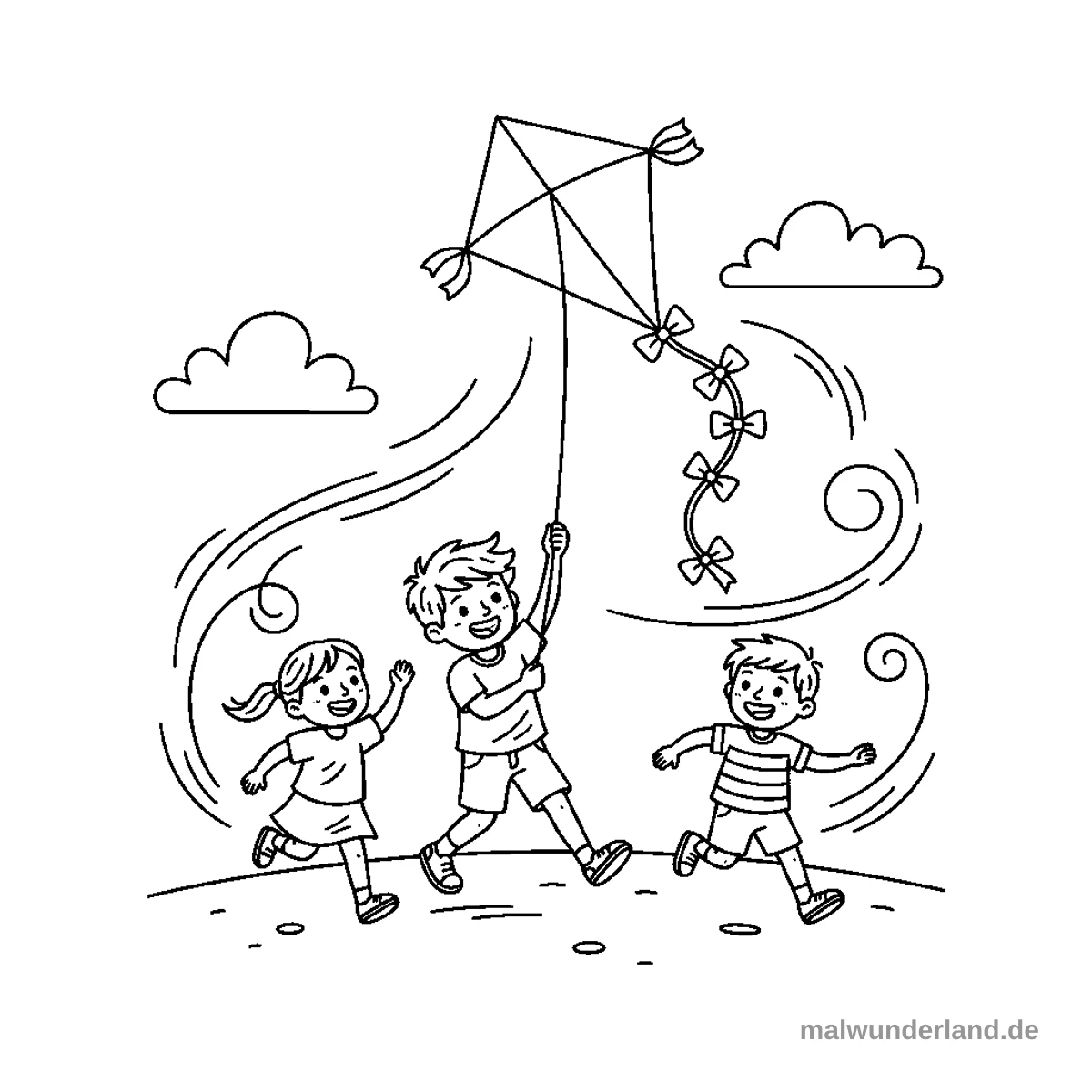 Das Ausmalbild zeigt drei Kinder, die fröhlich über eine Wiese rennen und einen Drachen in die Luft steigen lassen. Ein Junge hält die Schnur des rautenförmigen Drachens, dessen langer Schwanz mit Schleifen verziert ist, während Windlinien die Bewegung im Bild andeuten.