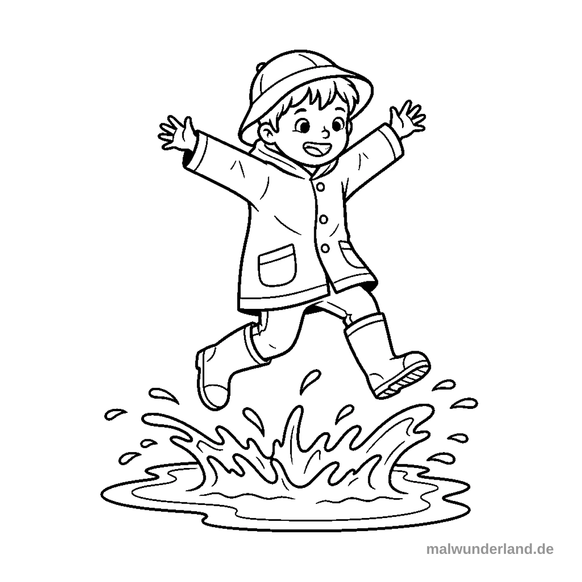 Kind springt in Pfütze - Kostenloses Ausmalbild zum Ausdrucken