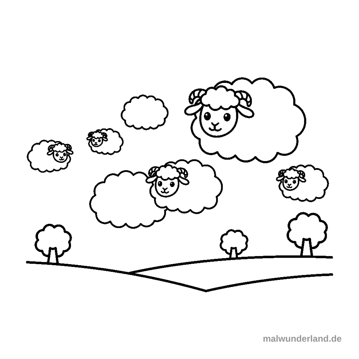 Das Ausmalbild zeigt eine Landschaft mit sanften Hügeln und drei Bäumen. Am Himmel schweben mehrere stilisierte Wolken, die wie niedliche Schäfchen mit Gesichtern und Hörnern aussehen, zusammen mit einigen einfacheren Wolkenformen.