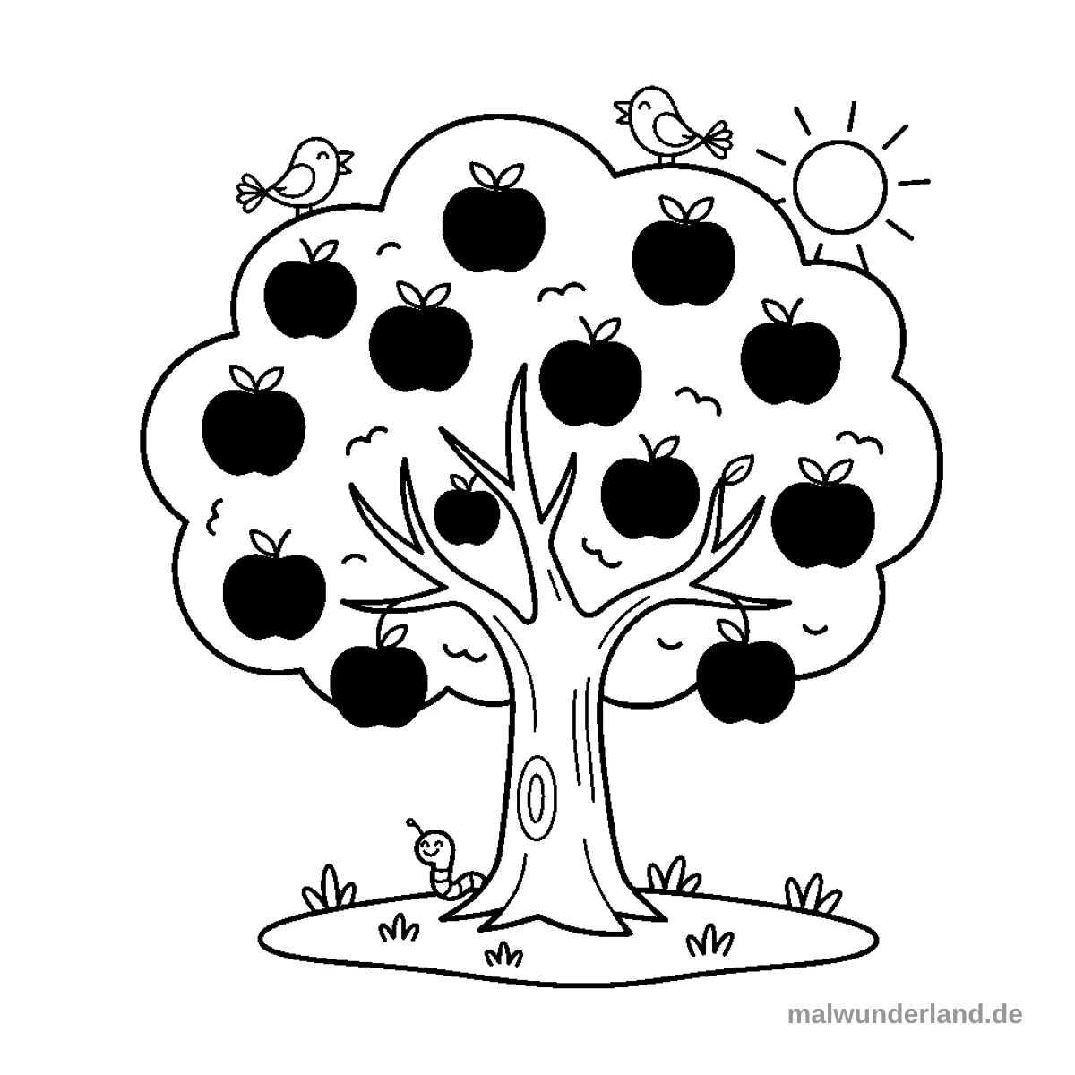 Apfelbaum mit reifen Äpfeln - Kostenloses Ausmalbild zum Ausdrucken