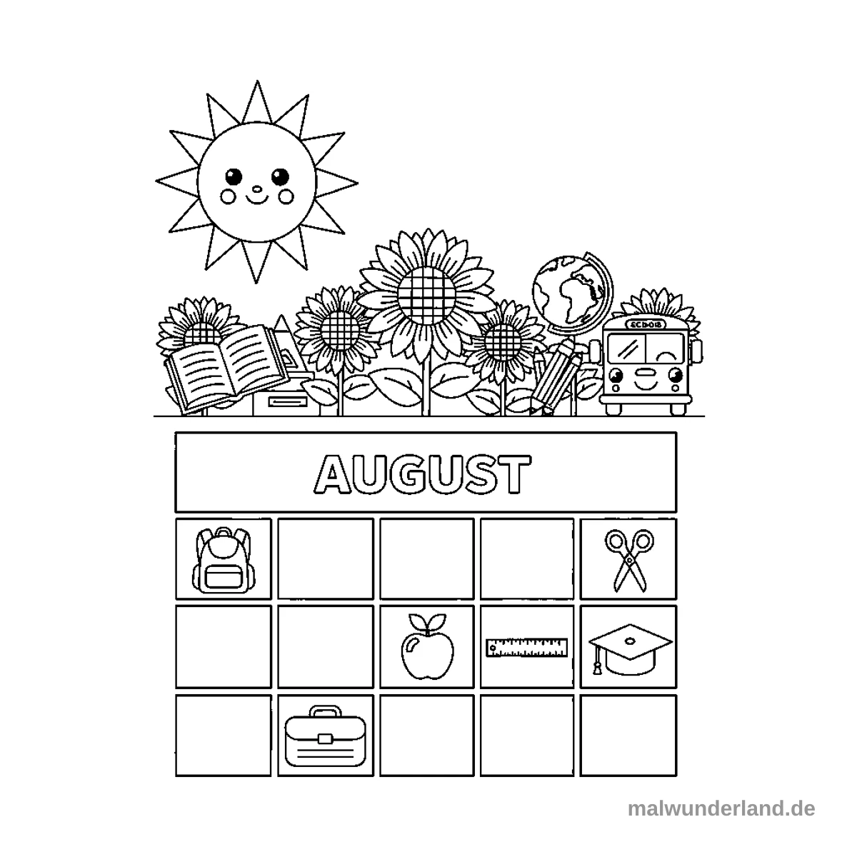 August Kalenderblatt - Kostenloses Ausmalbild zum Ausdrucken