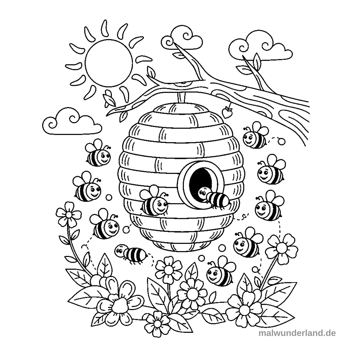 Bienenstock im August - Kostenloses Ausmalbild zum Ausdrucken