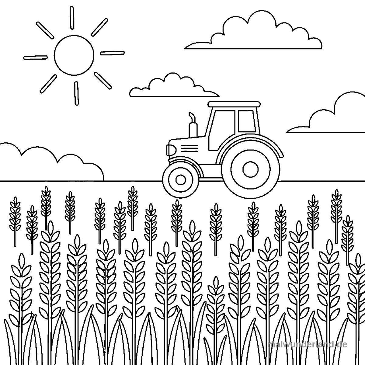 Kornfeld mit Traktor - Kostenloses Ausmalbild zum Ausdrucken