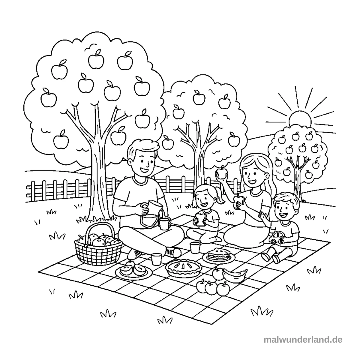 Picknick im Apfelgarten - Kostenloses Ausmalbild zum Ausdrucken