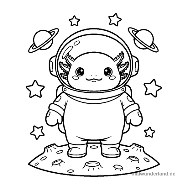 Axolotl Astronaut auf dem Mond - Kostenloses Ausmalbild zum Ausdrucken