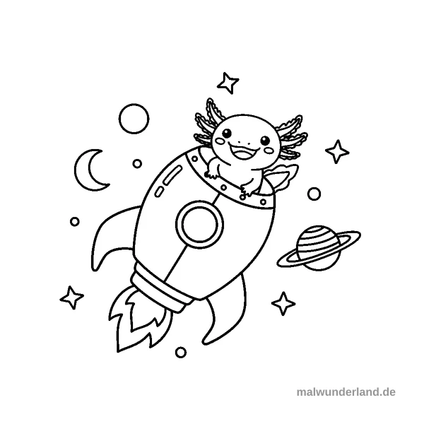 Axolotl in Rakete zwischen Planeten - Kostenloses Ausmalbild zum Ausdrucken