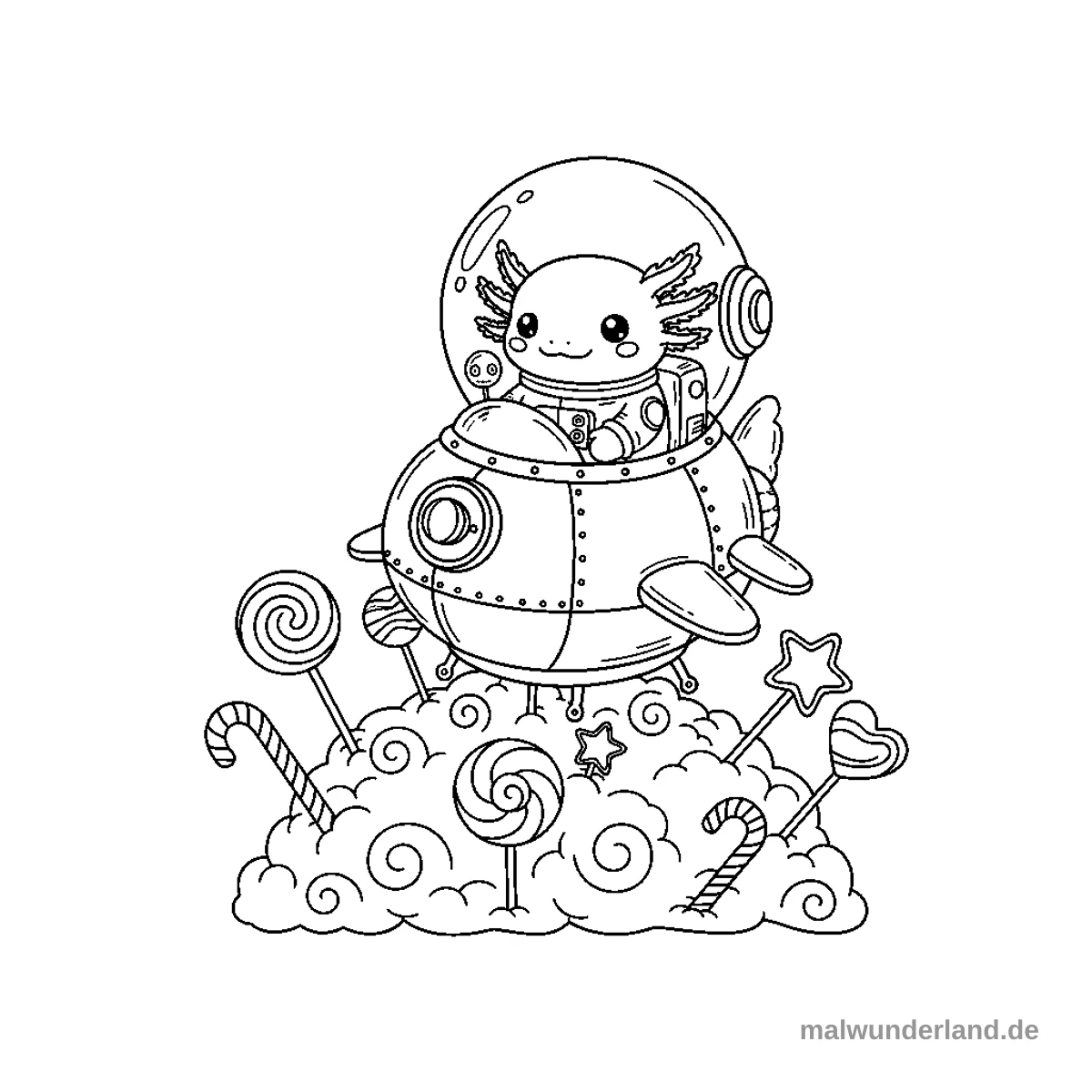 Das Bild zeigt ein lächelndes Axolotl im Astronautenanzug, das in einem kleinen, genieteten Raumschiff auf einer großen, wolkenartigen Form sitzt. Aus dieser Wolke ragen zahlreiche Lutscher, Zuckerstangen sowie Stern- und Herzförmige Süßigkeiten heraus.
