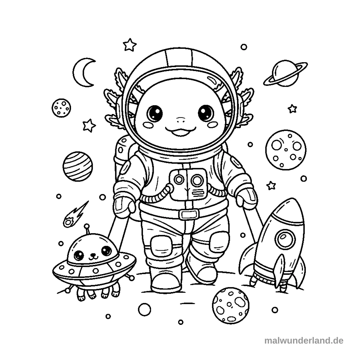 Ein süßes Axolotl in einem detaillierten Astronautenanzug geht im Weltraum spazieren. Es führt dabei eine lächelnde fliegende Untertasse und eine kleine Rakete an der Leine, umgeben von verschiedenen Planeten, Sternen, einem Halbmond und einer Sternschnuppe.