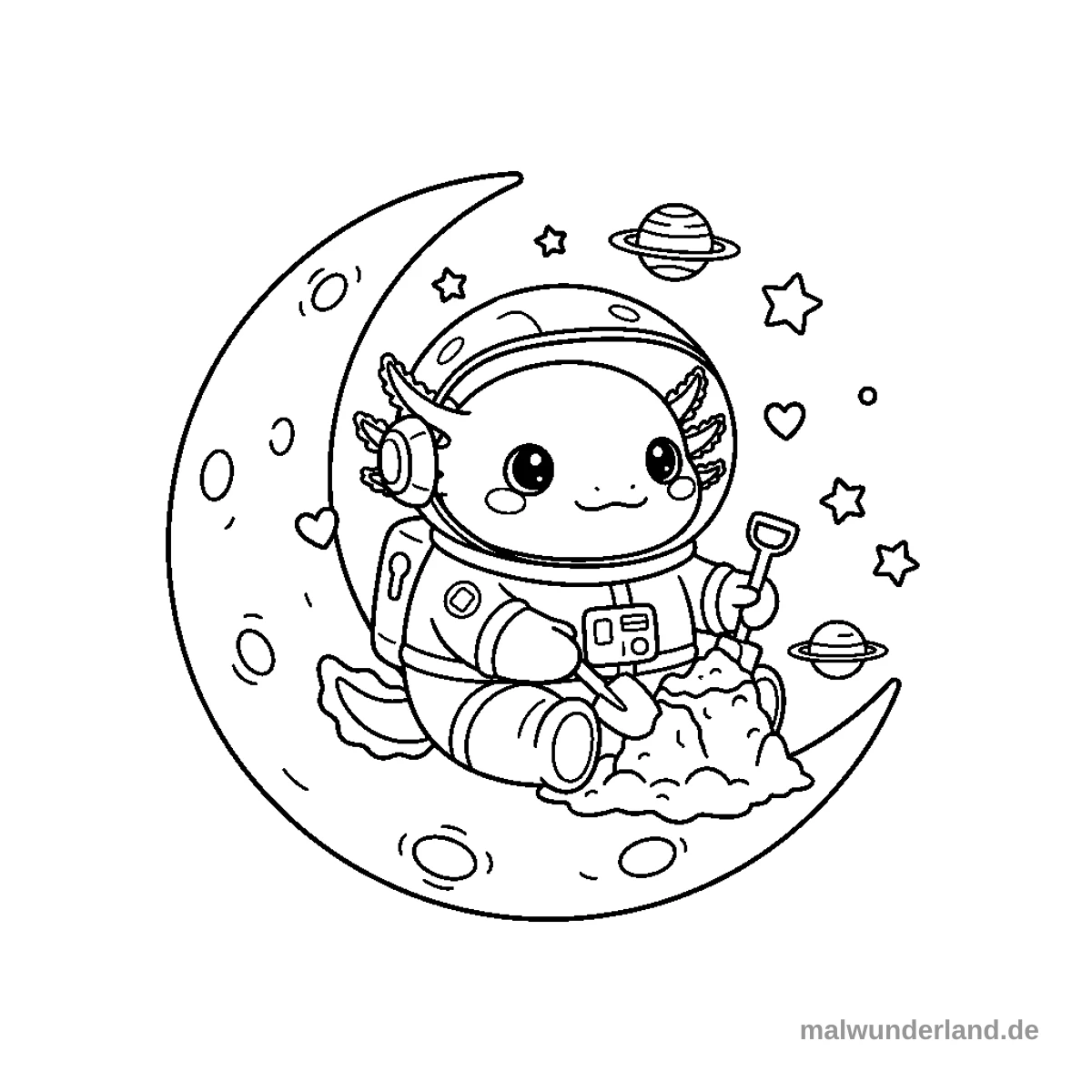 Das Ausmalbild zeigt einen niedlichen Axolotl in einem Astronautenanzug, der auf einem sichelförmigen Mond sitzt. Er schaufelt mit einer kleinen Schaufel einen Haufen Mondstaub, während Sterne und Planeten um ihn herum schweben.