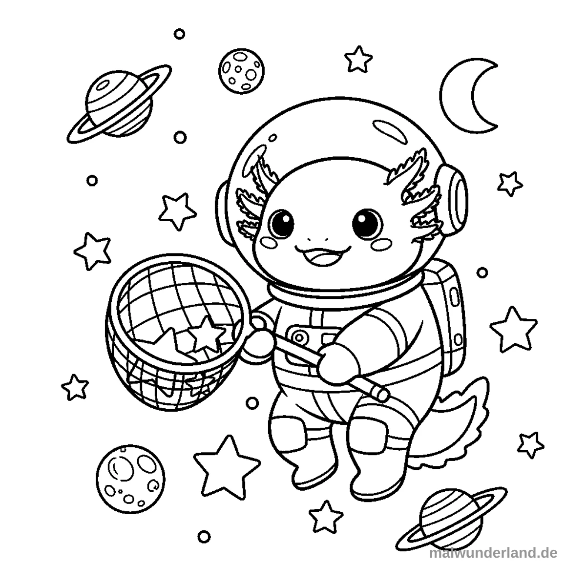 Das Ausmalbild zeigt einen niedlichen Axolotl-Astronauten, der lächelnd im Weltraum schwebt und Sterne mit einem Fangnetz einfängt. Um ihn herum sind verschiedene Himmelskörper wie Planeten mit Ringen, Monde und viele Sterne verteilt.