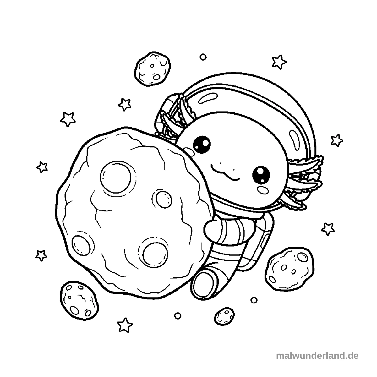 Das Ausmalbild zeigt einen niedlichen Axolotl-Astronauten, der sich hinter einem großen, ovalen Meteoriten versteckt. Um ihn herum schweben kleinere Meteoriten und mehrere Umriss-Sterne im Weltall.