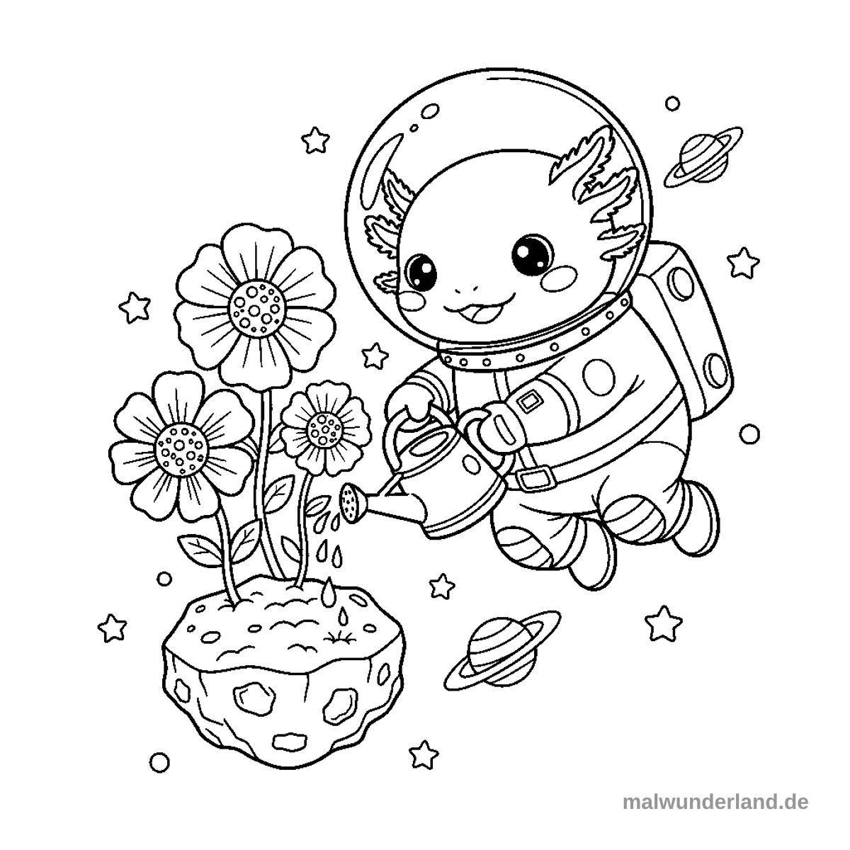 Das Ausmalbild zeigt ein niedliches Axolotl in einem Astronautenanzug, das mit einer Gießkanne drei Blumen auf einem schwebenden Himmelskörper gießt. Im Hintergrund sind Sterne und zwei Planeten zu sehen.