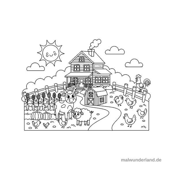 Bauernhaus mit Garten - Kostenloses Ausmalbild zum Ausdrucken