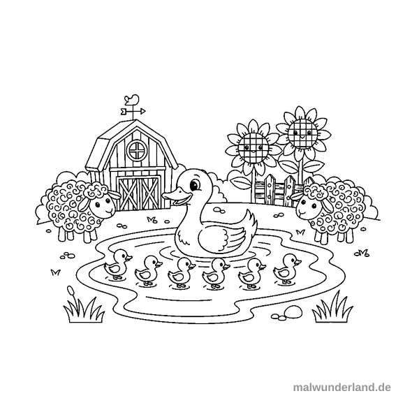 Enten im Teich - Kostenloses Ausmalbild zum Ausdrucken
