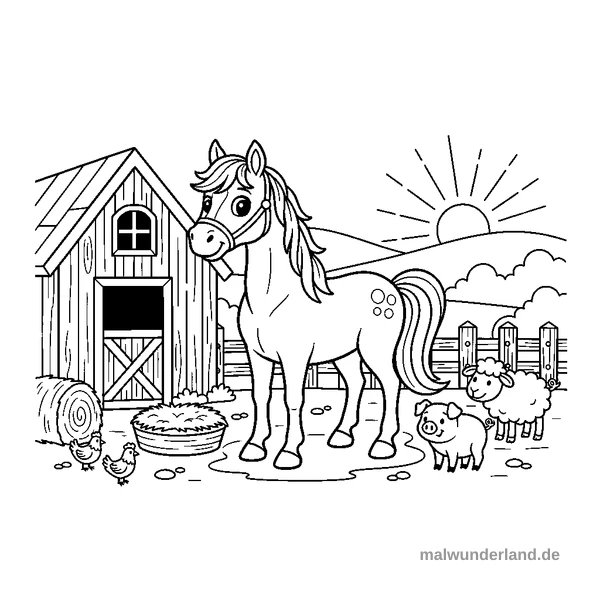Pferd auf der Koppel - Kostenloses Ausmalbild zum Ausdrucken