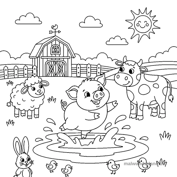 Schweinchen im Schlamm - Kostenloses Ausmalbild zum Ausdrucken