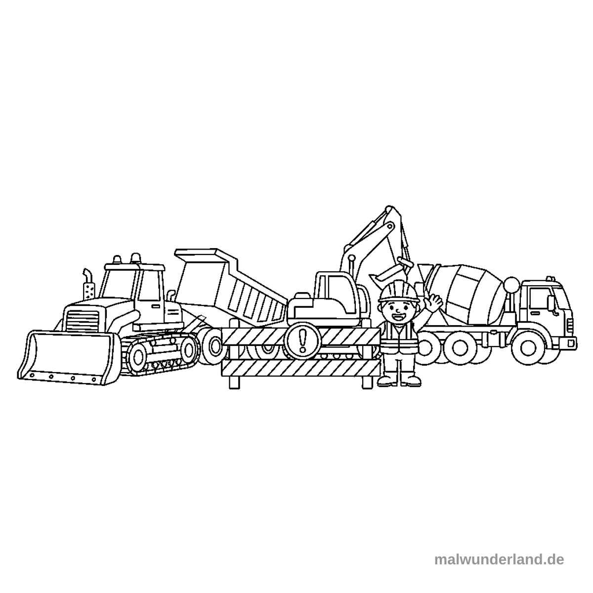 Das Ausmalbild zeigt verschiedene Baustellenfahrzeuge wie eine Planierraupe, einen Muldenkipper, einen Bagger und einen Betonmischer. Davor steht ein Bauarbeiter hinter einer gestreiften Absperrung mit einem Warnschild.