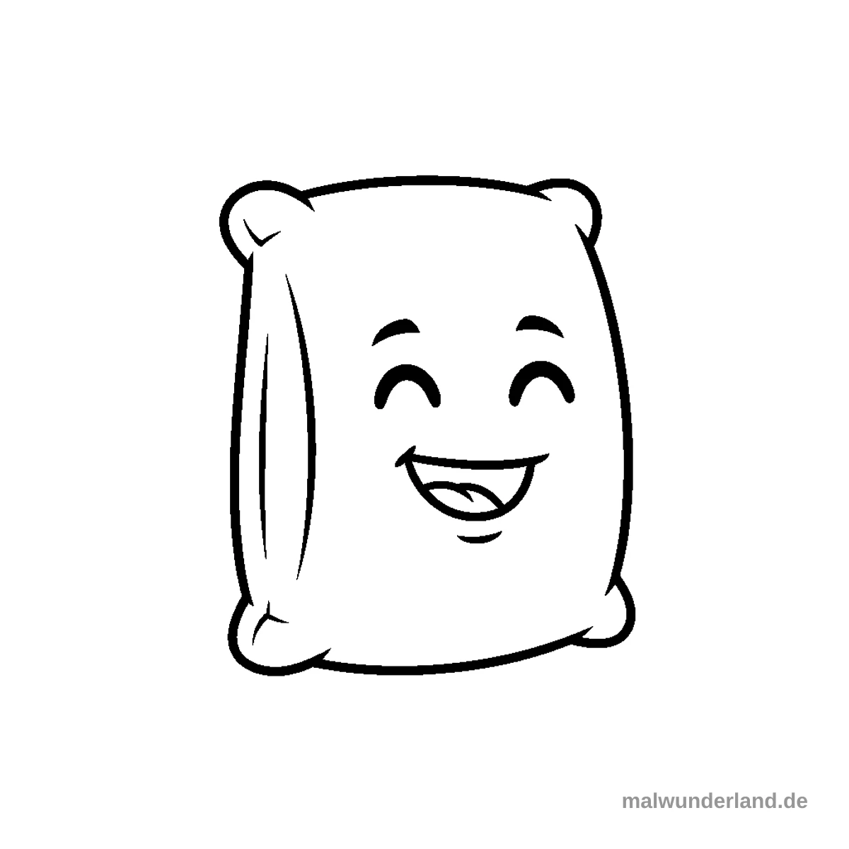 Das Bild zeigt eine schwarz-weiße Umrisszeichnung eines lächelnden Cartoon-Kissens. Es hat ein freundliches Gesicht mit geschlossenen Augen und einem geöffneten Mund, wobei eine Seitennaht angedeutet ist.