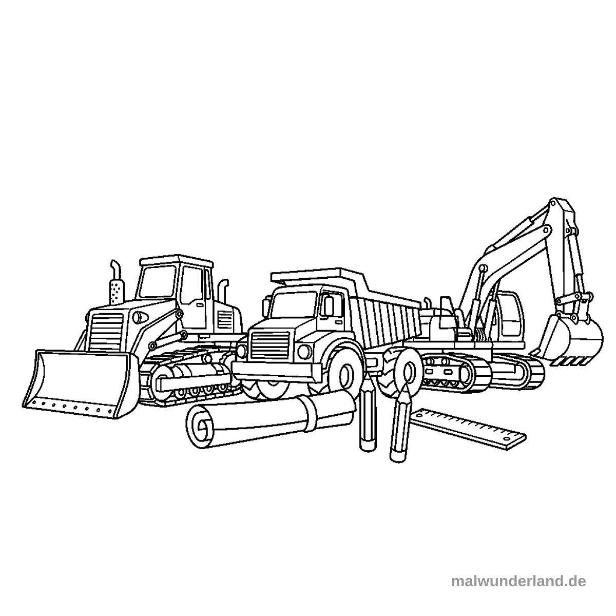 Das Bild zeigt eine Schwarz-Weiß-Zeichnung von drei Baustellenfahrzeugen: einem Bulldozer, einem Muldenkipper und einem Bagger. Davor liegen ein aufgerollter Bauplan, zwei Bleistifte und ein Lineal bereit.