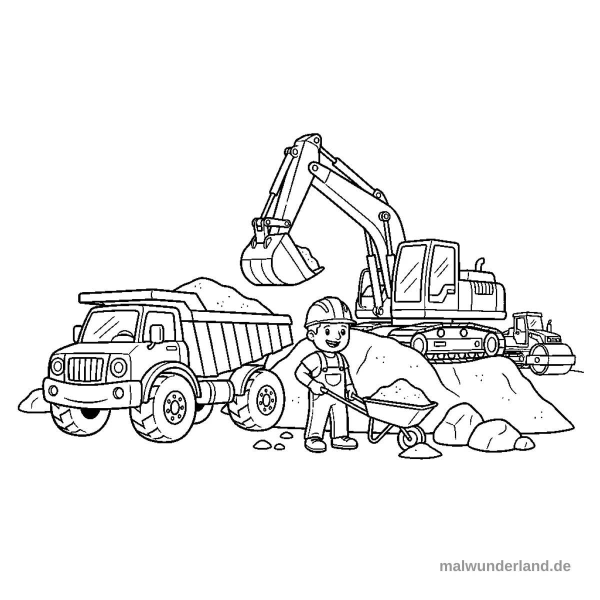 Das Ausmalbild zeigt eine belebte Baustelle mit verschiedenen Fahrzeugen und einem kleinen Bauarbeiter. Ein großer Muldenkipper ist mit Erde beladen, während ein Bagger daneben steht und ein Junge mit einer Schubkarre Material transportiert, im Hintergrund ist eine Straßenwalze zu sehen.