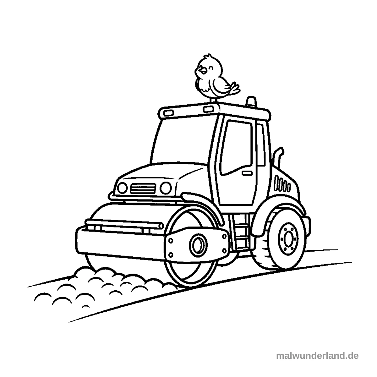 Das Ausmalbild zeigt eine große Baustellenwalze, die eine Straße ebnet. Auf dem Dach der Fahrerkabine sitzt ein kleiner, niedlicher Vogel.