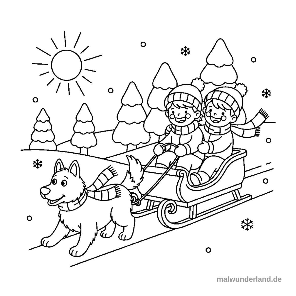 Schlittenfahrt - Kostenloses Ausmalbild zum Ausdrucken