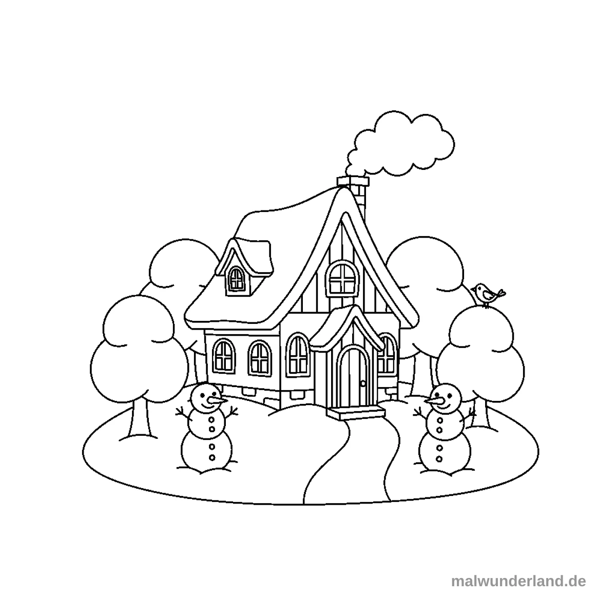 Winterlandschaft mit Haus - Kostenloses Ausmalbild zum Ausdrucken