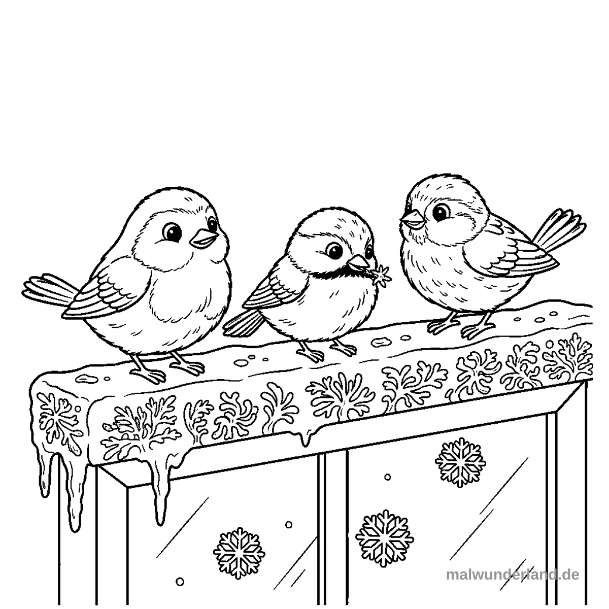 Wintervögel am Fenster - Kostenloses Ausmalbild zum Ausdrucken