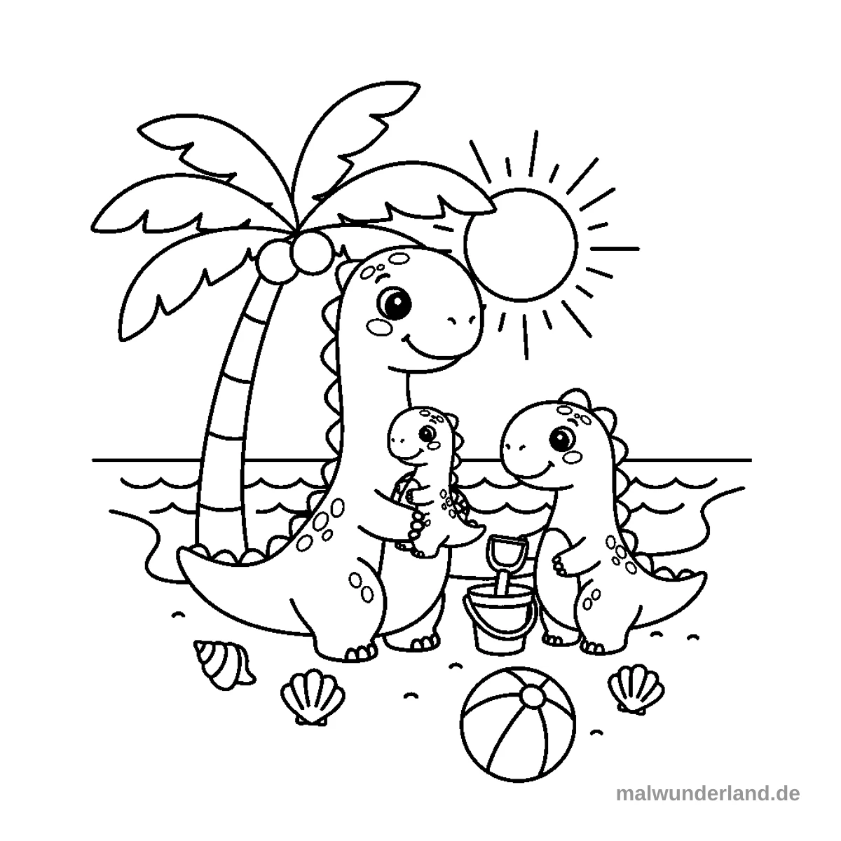 Das Ausmalbild zeigt eine große und eine kleine zweibeinige Dinosaurier am Strand, wobei der große Dinosaurier schützend über dem kleineren steht. Im Hintergrund sind Palmen, Felsen, Wellen des Meeres und drei fliegende Pterodaktylen unter bewölktem Himmel zu sehen.