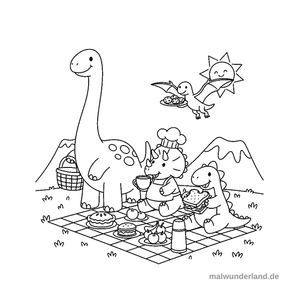 Dinosaurier-Freunde beim Picknick - Kostenloses Ausmalbild zum Ausdrucken