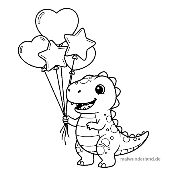 T-Rex mit Luftballons - Kostenloses Ausmalbild zum Ausdrucken