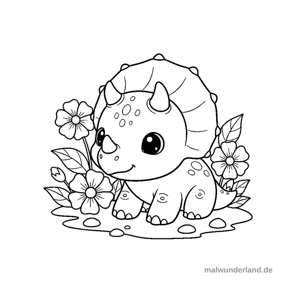 Triceratops-Baby im Blumenbeet - Kostenloses Ausmalbild zum Ausdrucken