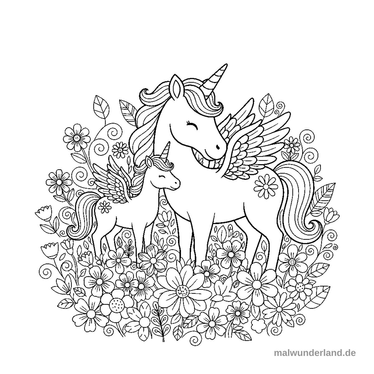 Einhorn-Familie - Kostenloses Ausmalbild zum Ausdrucken