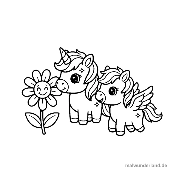 Einhorn-Fohlen mit Blume - Kostenloses Ausmalbild zum Ausdrucken