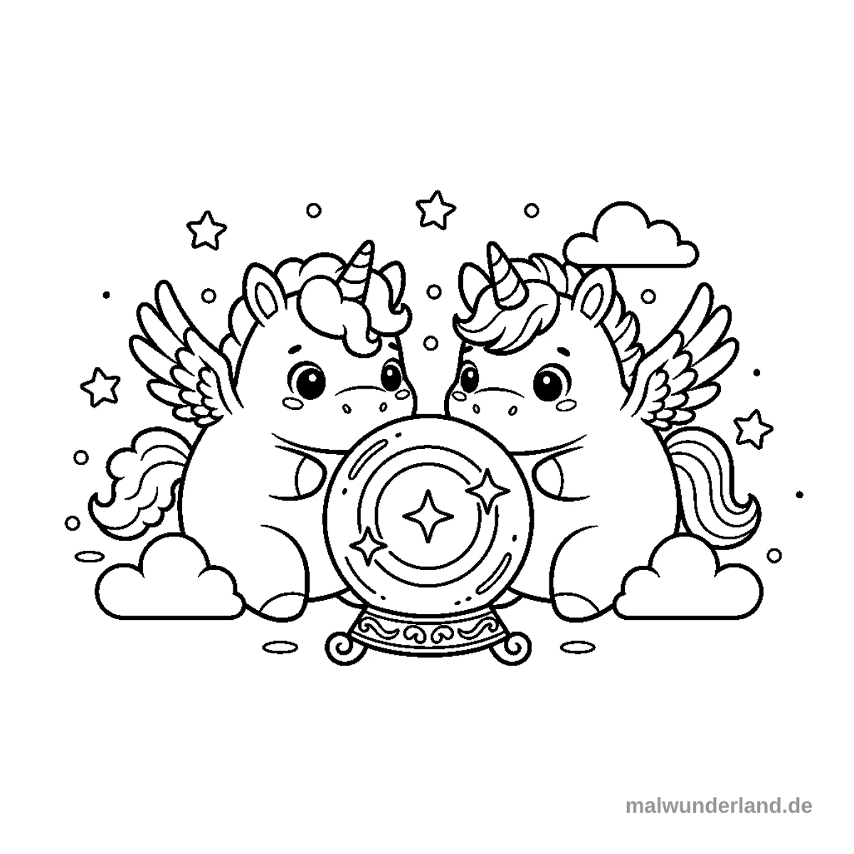 Einhorn mit Kristallkugel - Kostenloses Ausmalbild zum Ausdrucken