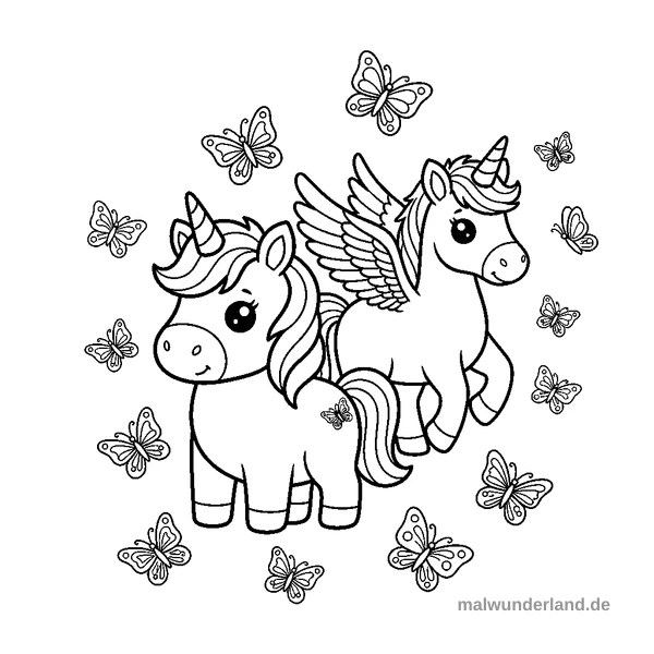 Einhorn mit Schmetterlingen - Kostenloses Ausmalbild zum Ausdrucken